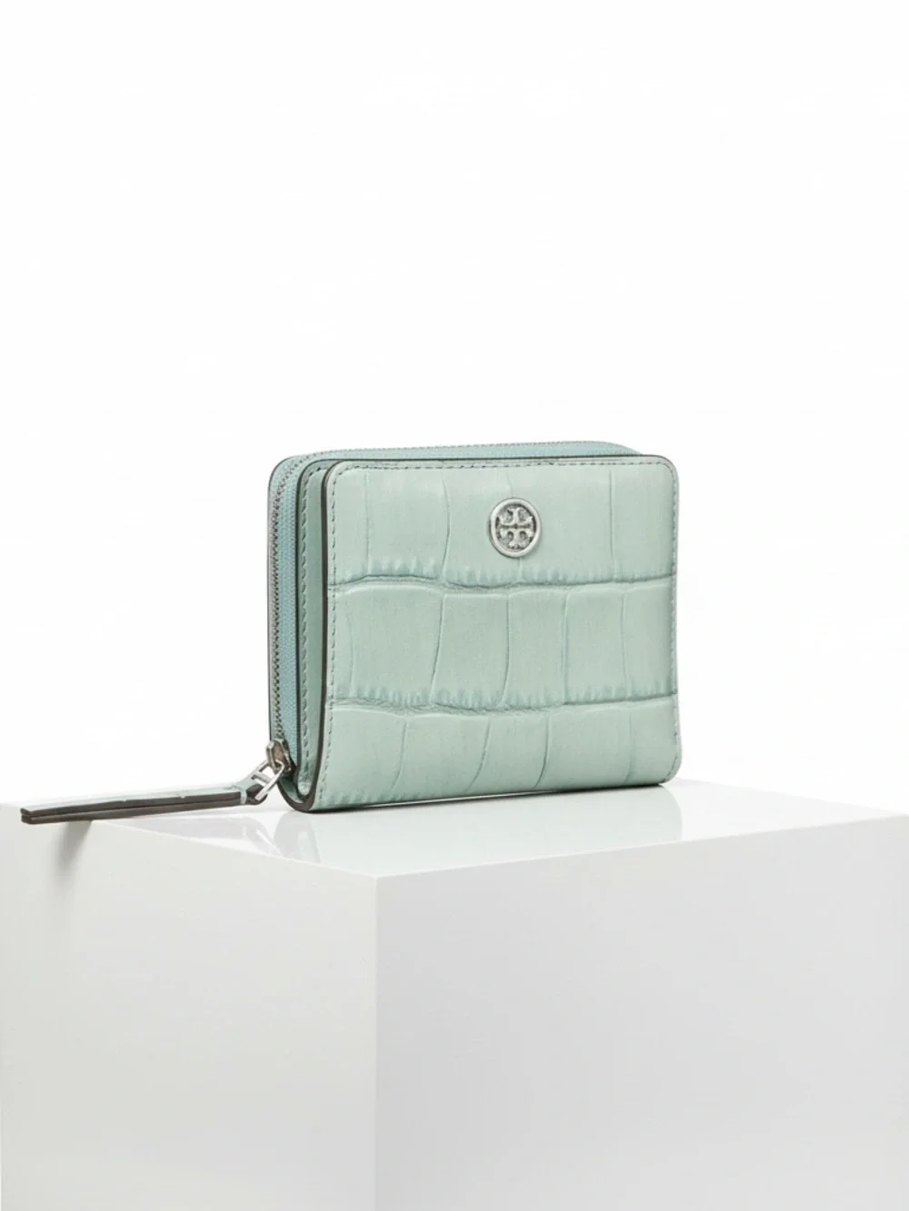 TORY BURCH Robinson Croc-Embossed Bifold Wallet - Blue Celadon